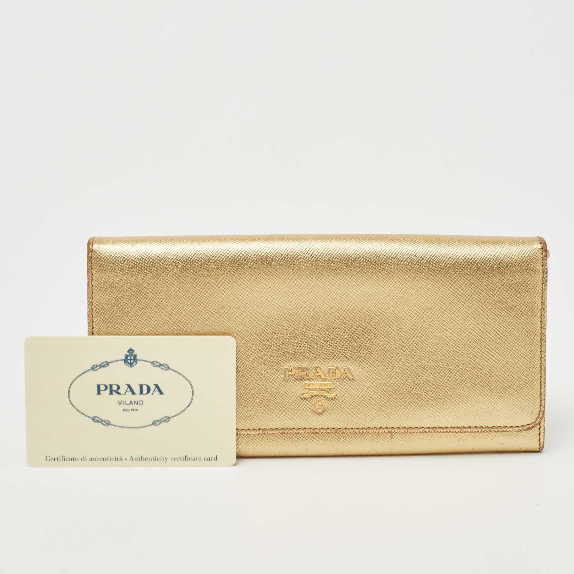 Prada Gold Saffiano Lux Leather Logo Flap Continental Wallet 6