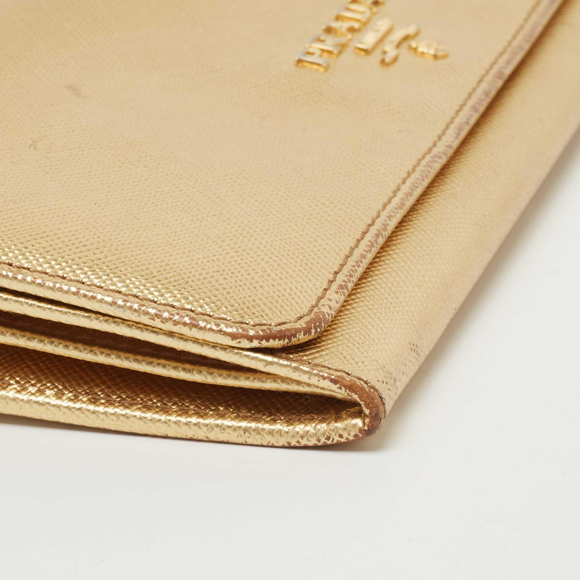 Prada Gold Saffiano Lux Leather Logo Flap Continental Wallet 4