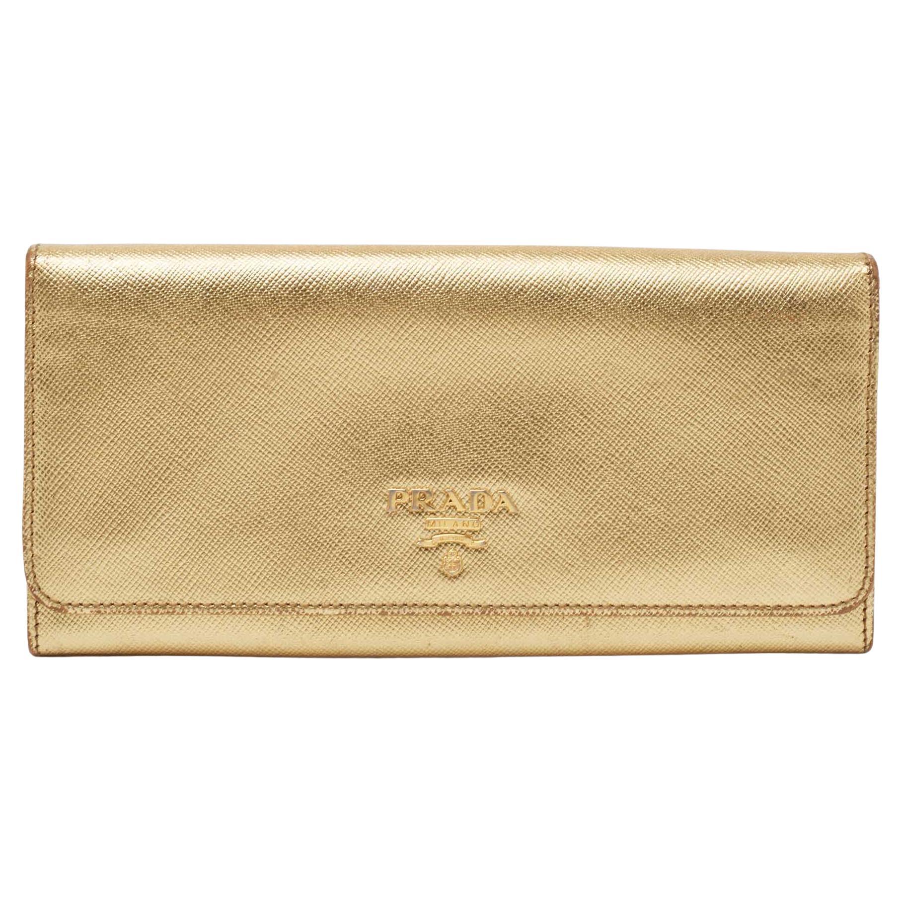 Prada Gold Saffiano Lux Leather Logo Flap Continental Wallet