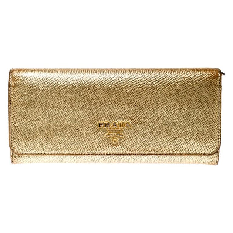 Prada Gold Saffiano Lux Leather Long Flap Wallet For Sale at 1stDibs | gold  long wallet