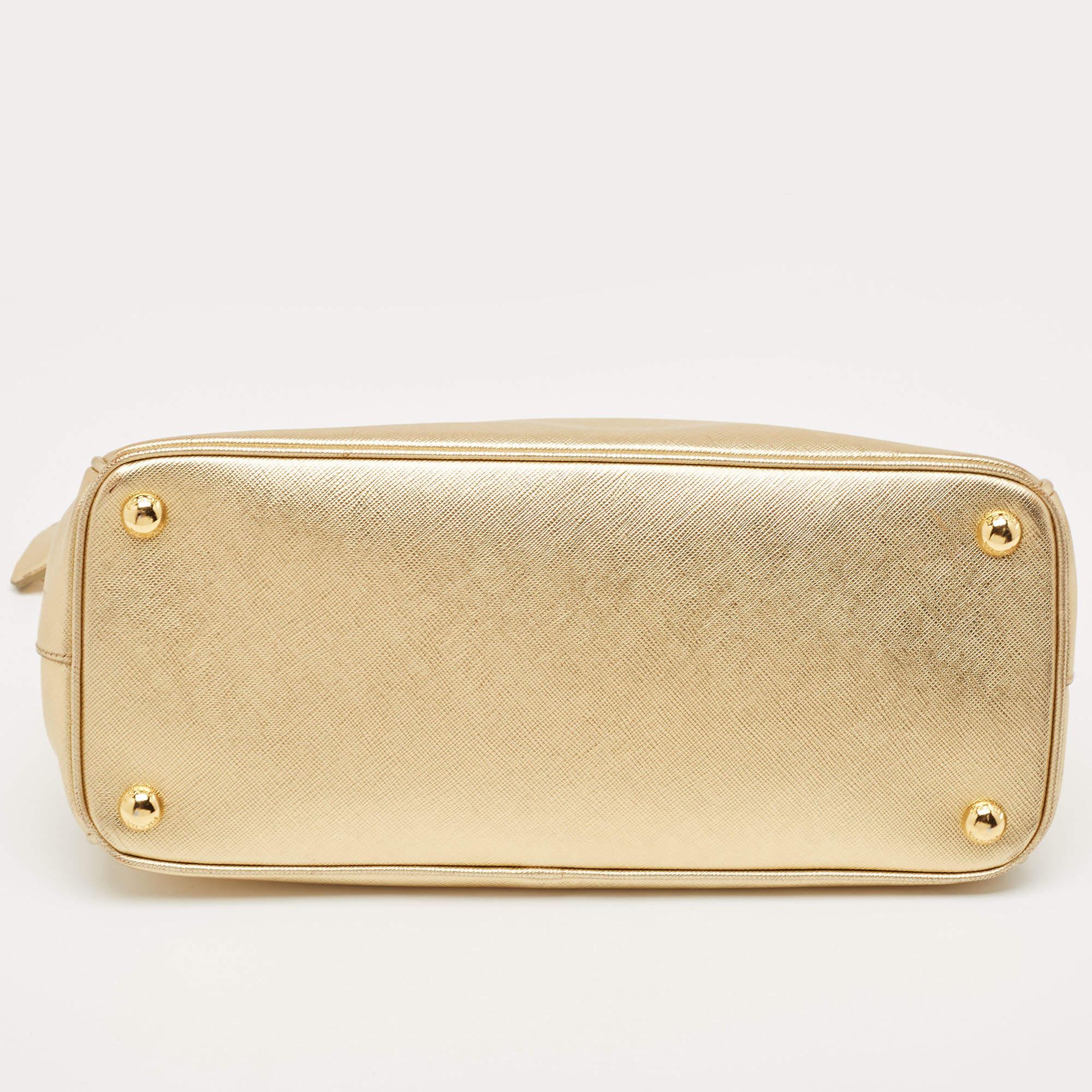 Prada Gold Saffiano Lux Leather Small Double Zip Tote For Sale 9