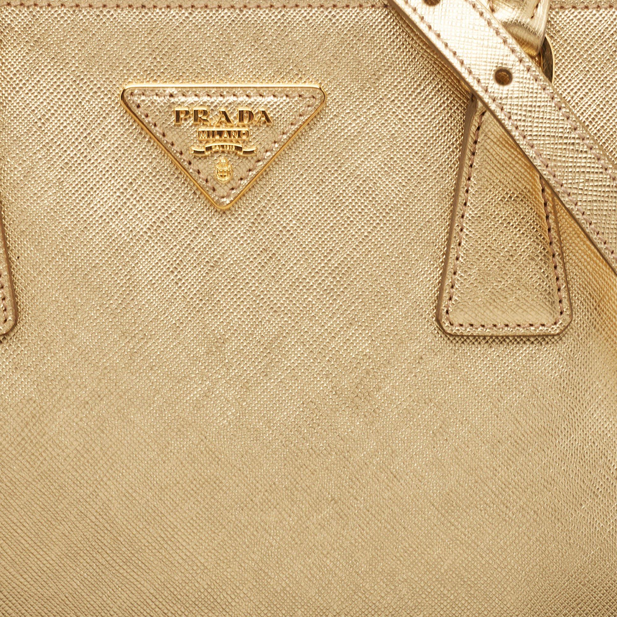 Prada Gold Saffiano Lux Leather Small Double Zip Tote For Sale 10