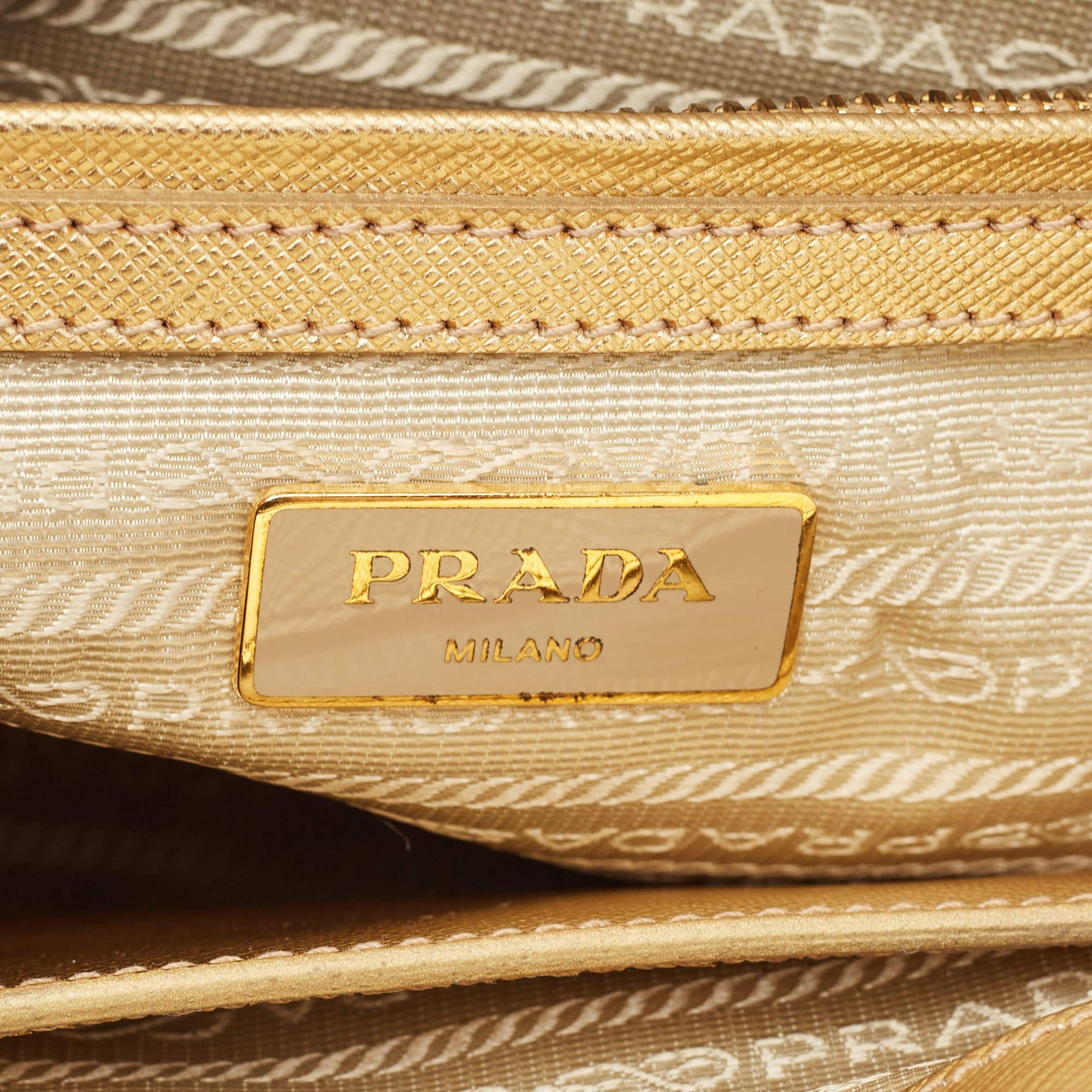 Women's Prada Gold Saffiano Lux Leather Small Double Zip Tote