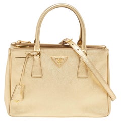 Prada Gold Saffiano Lux Leather Small Double Zip Tote