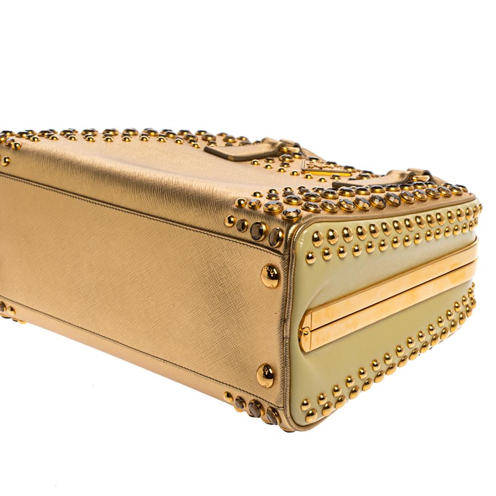 Prada Gold Saffiano Lux Leather Studded Pyramid Frame Satchel 4