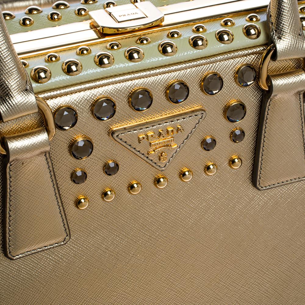Prada Gold Saffiano Lux Leather Studded Pyramid Frame Satchel 5