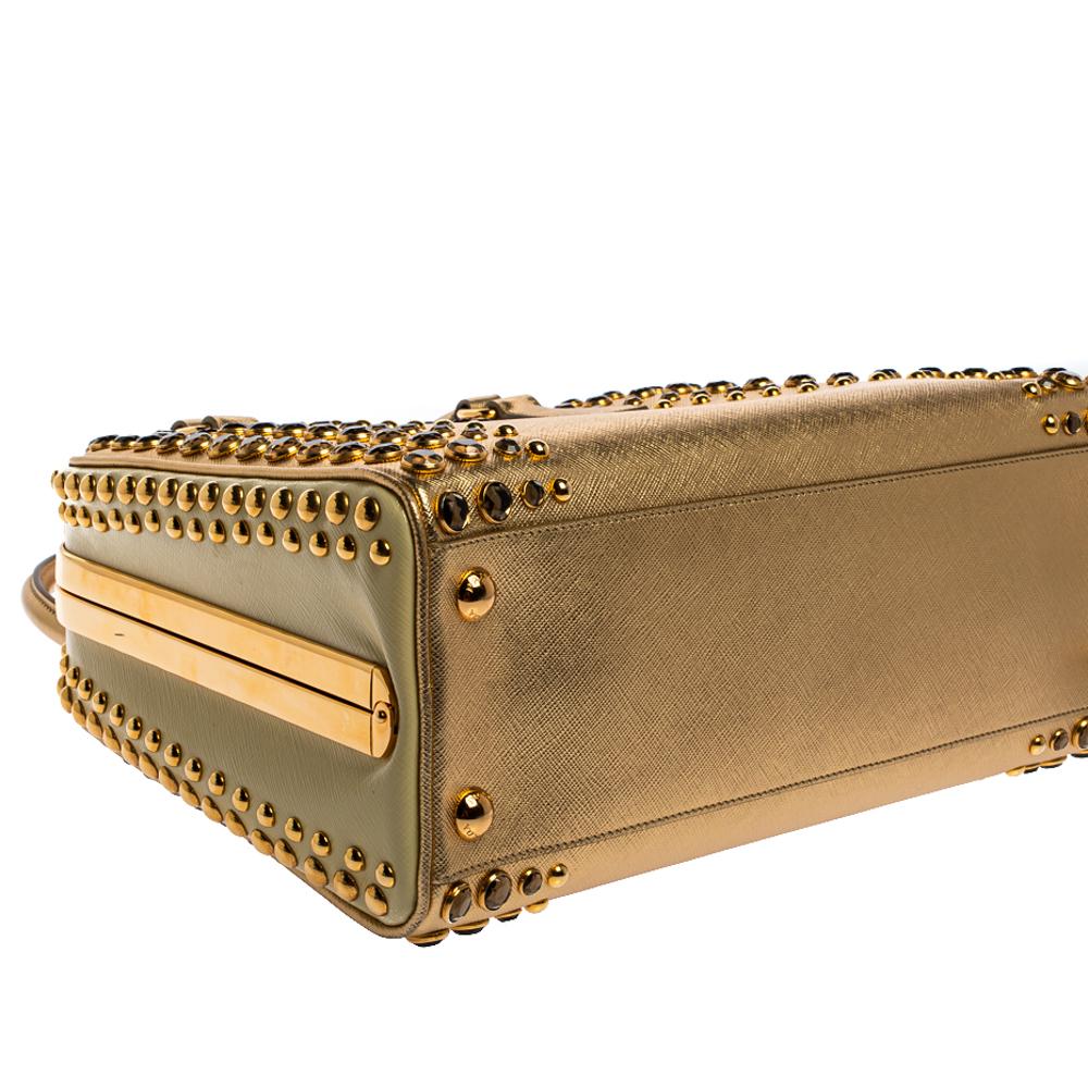Prada Gold Saffiano Lux Leather Studded Pyramid Frame Satchel 7