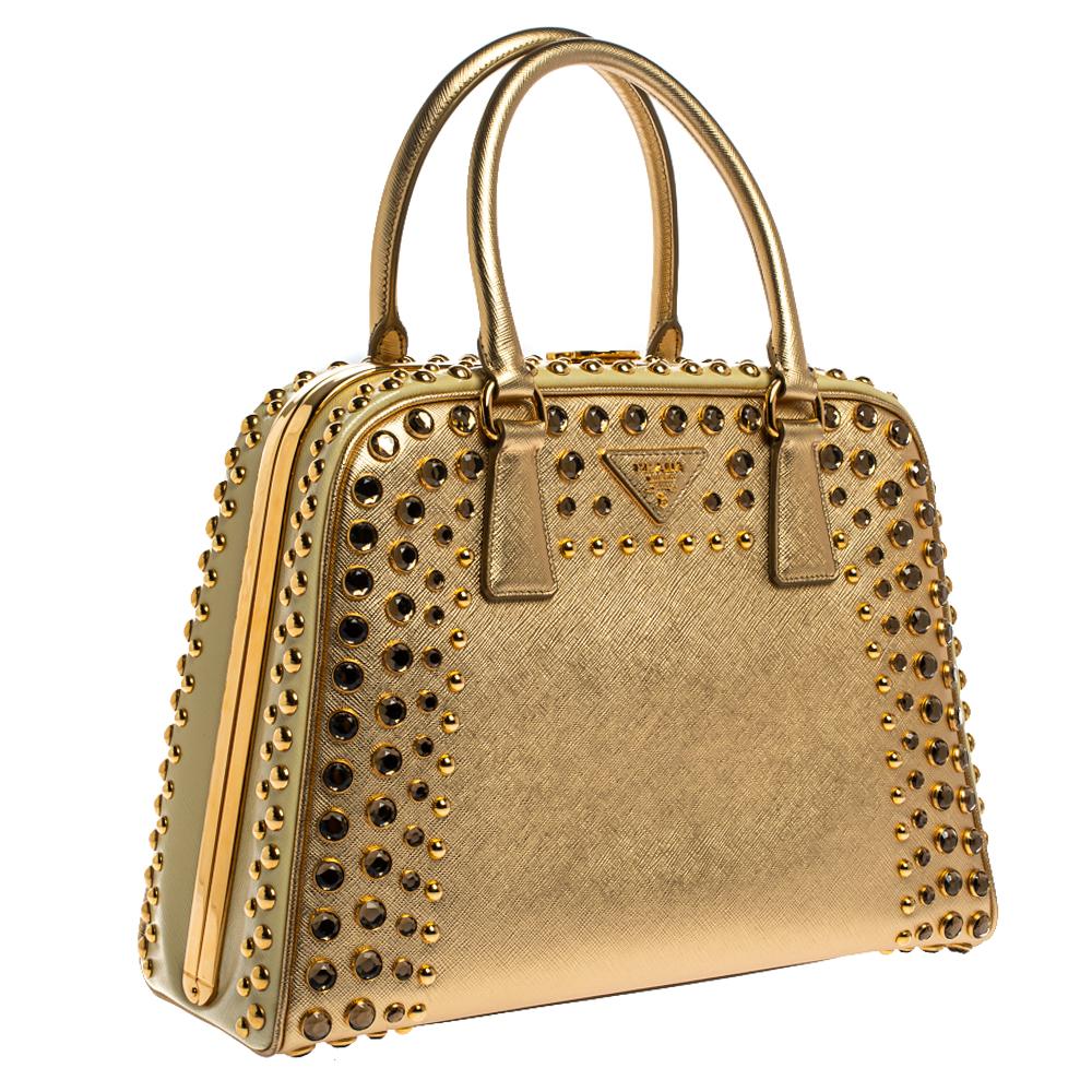 Brown Prada Gold Saffiano Lux Leather Studded Pyramid Frame Satchel