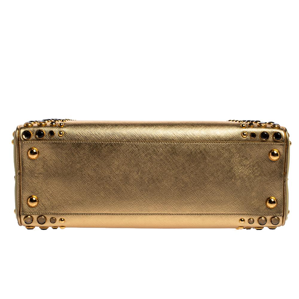 Prada Gold Saffiano Lux Leather Studded Pyramid Frame Satchel In Excellent Condition In Dubai, Al Qouz 2