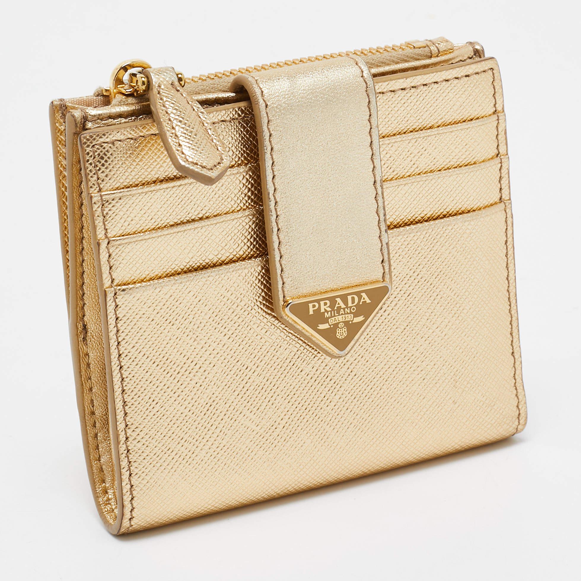 Prada Gold Saffiano Metal Leather Flap Zip Card Case 1