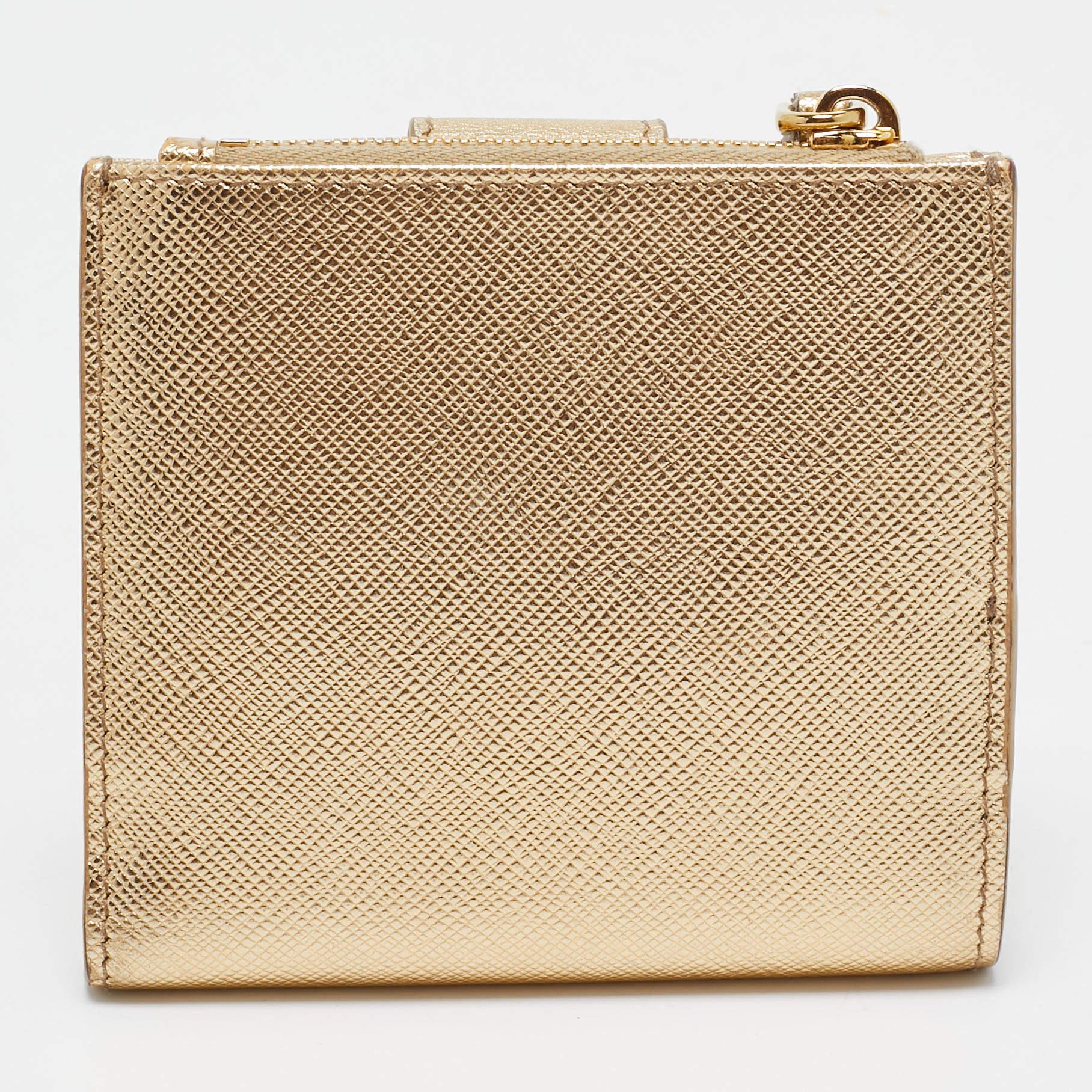 Prada Gold Saffiano Metal Leather Flap Zip Card Case 2