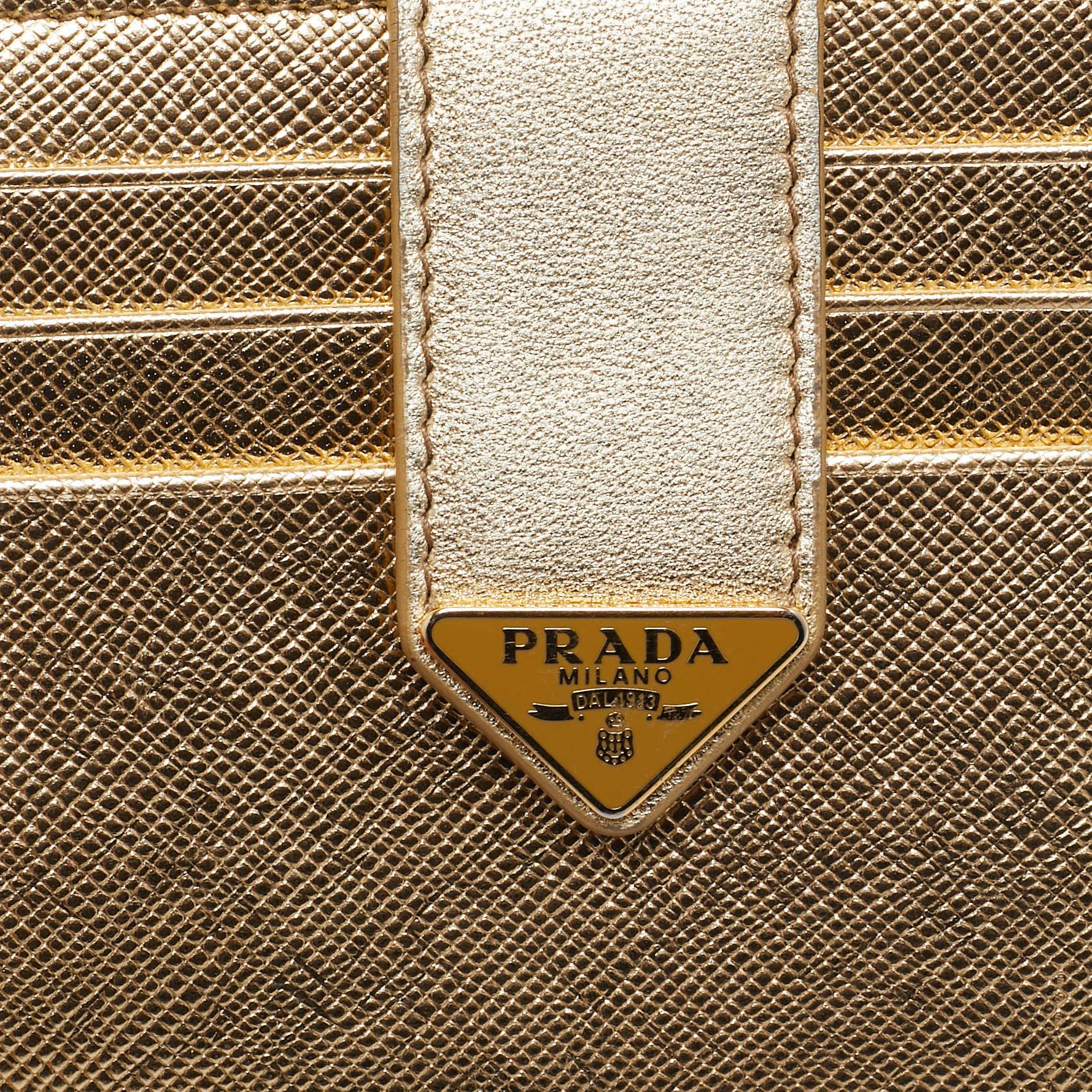 Prada Gold Saffiano Metal Leather Flap Zip Card Case 3