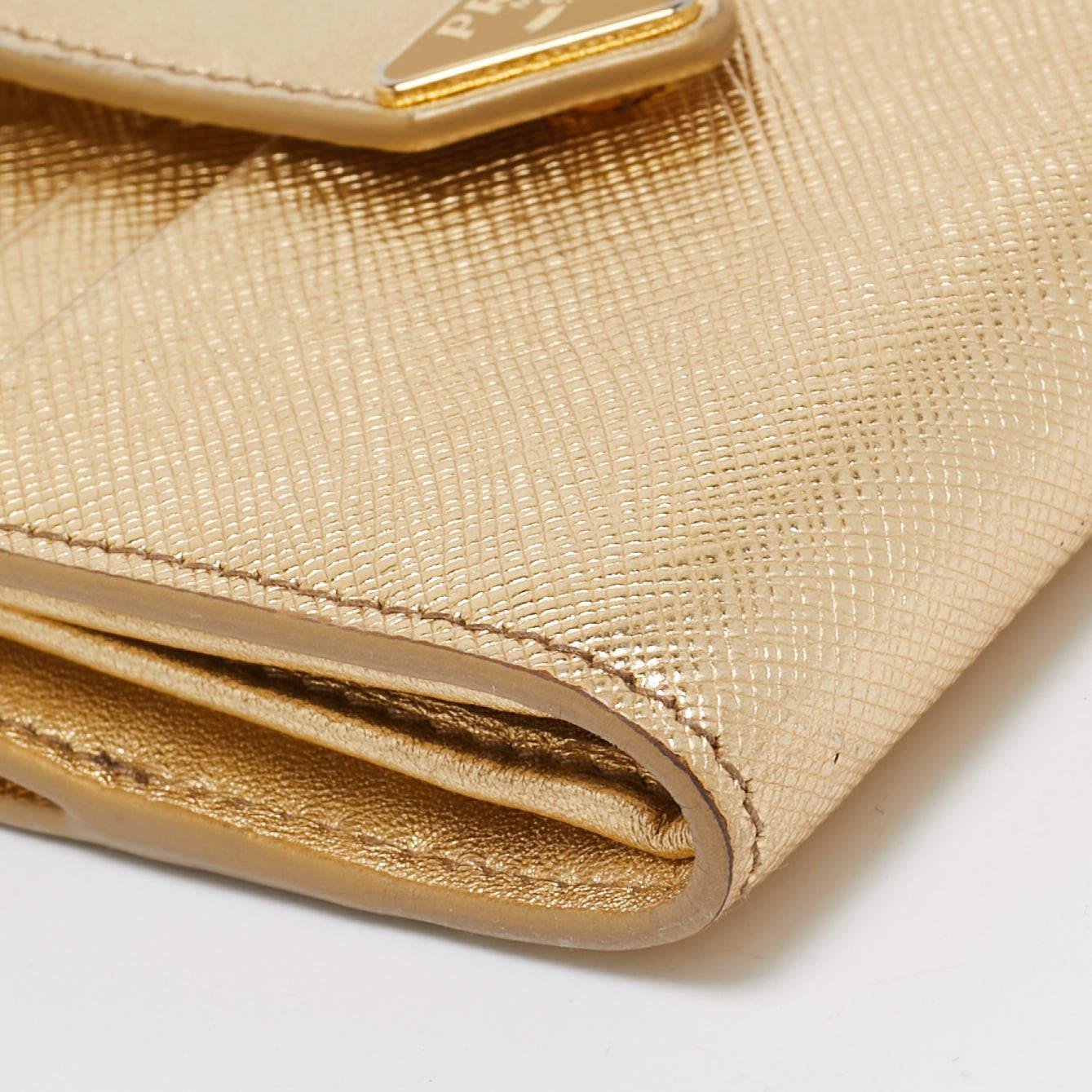 Prada Gold Saffiano Metal Leather Flap Zip Card Case 5