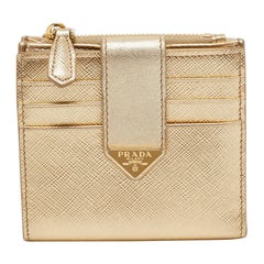 Prada Gold Saffiano Metal Leather Flap Zip Card Case