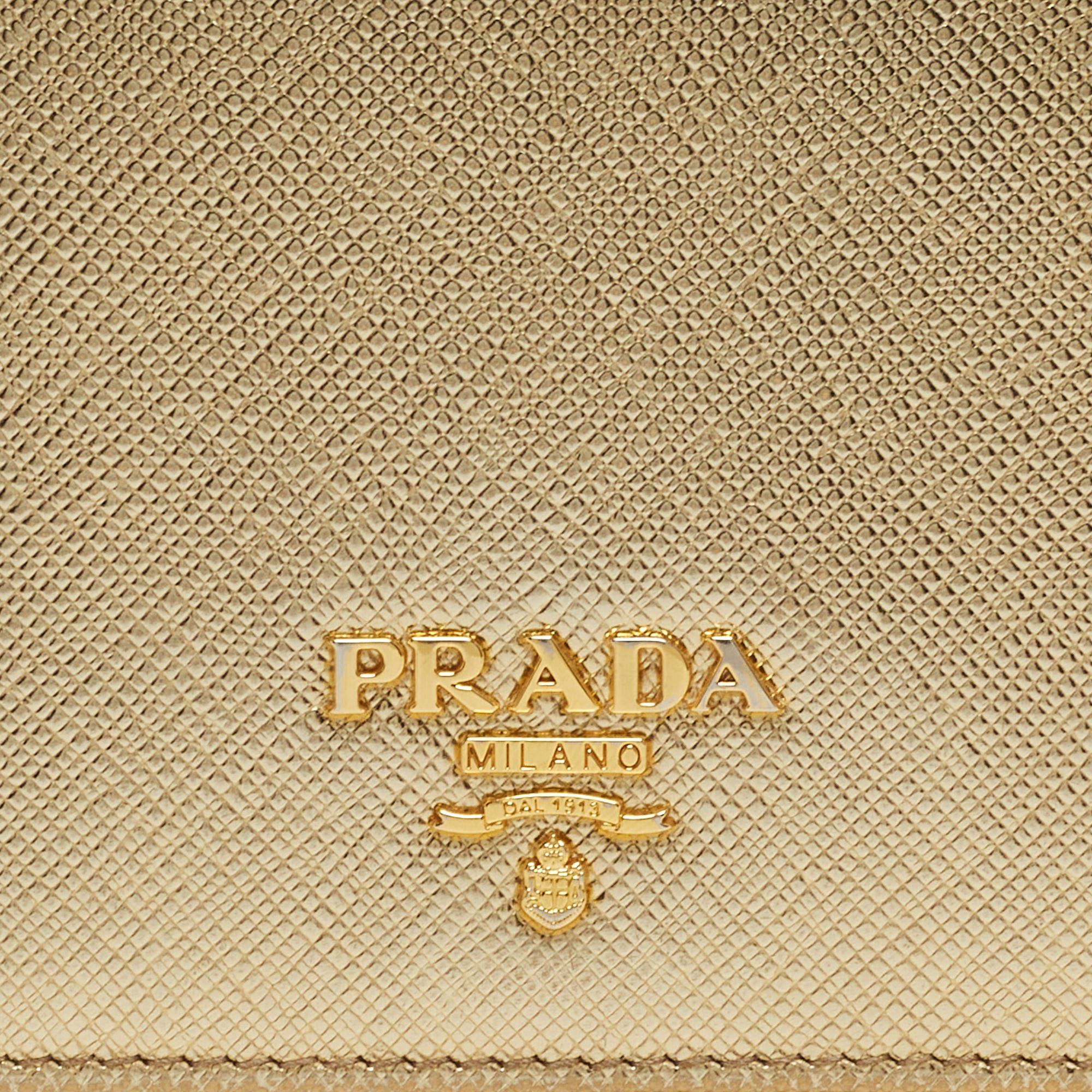 Prada Gold Saffiano Metal Leather Logo Bifold Wallet 7