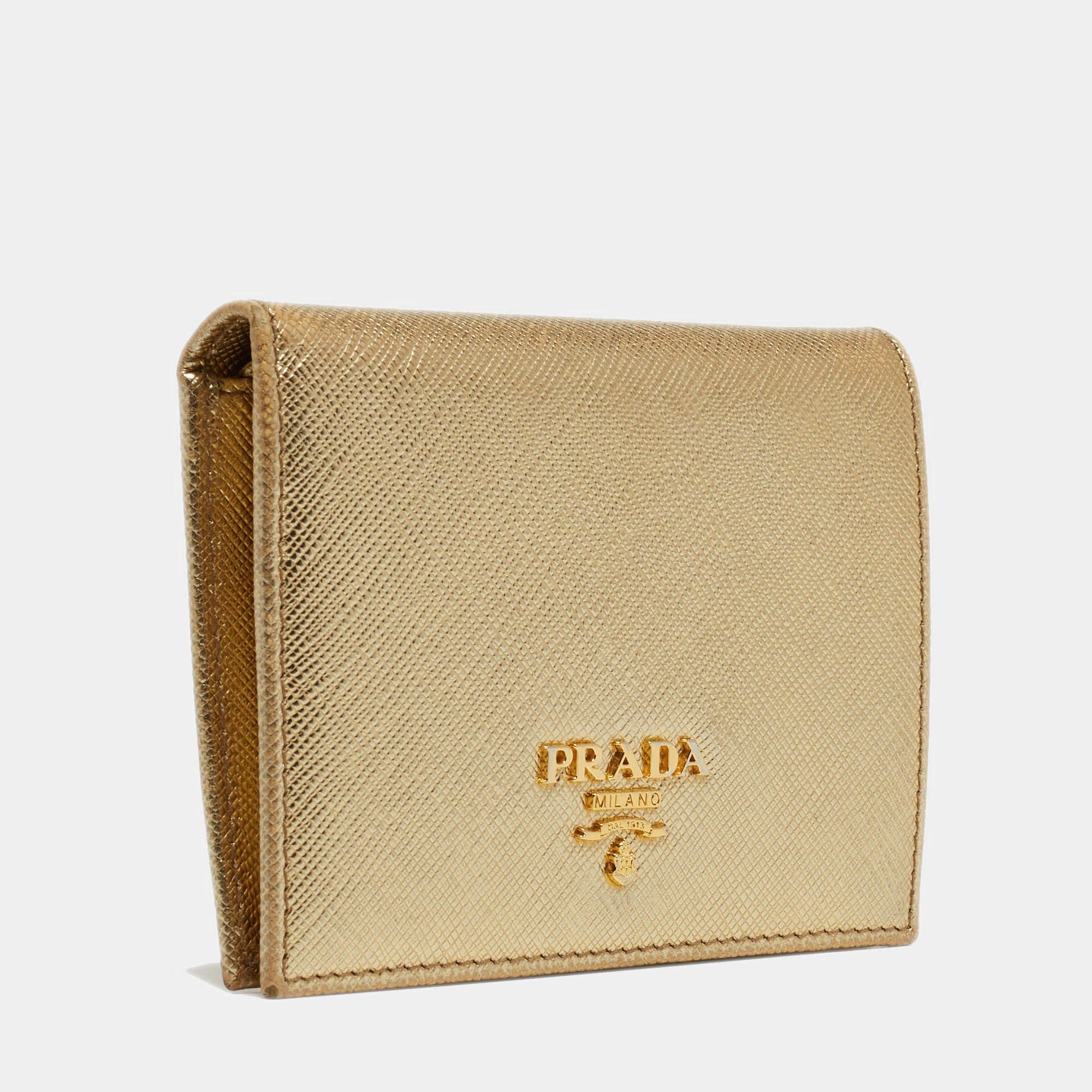 Brown Prada Gold Saffiano Metal Leather Logo Bifold Wallet