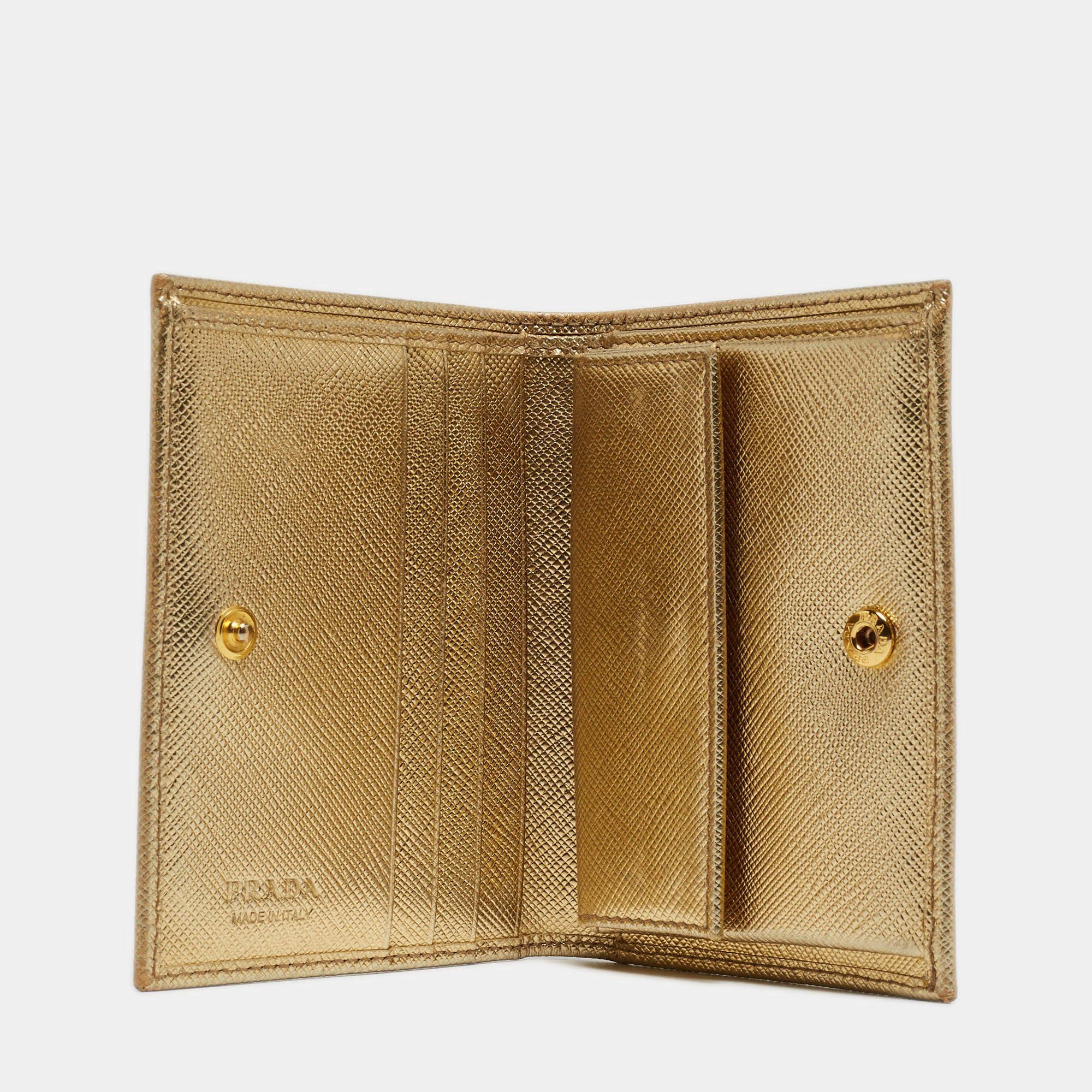 Women's Prada Gold Saffiano Metal Leather Logo Bifold Wallet