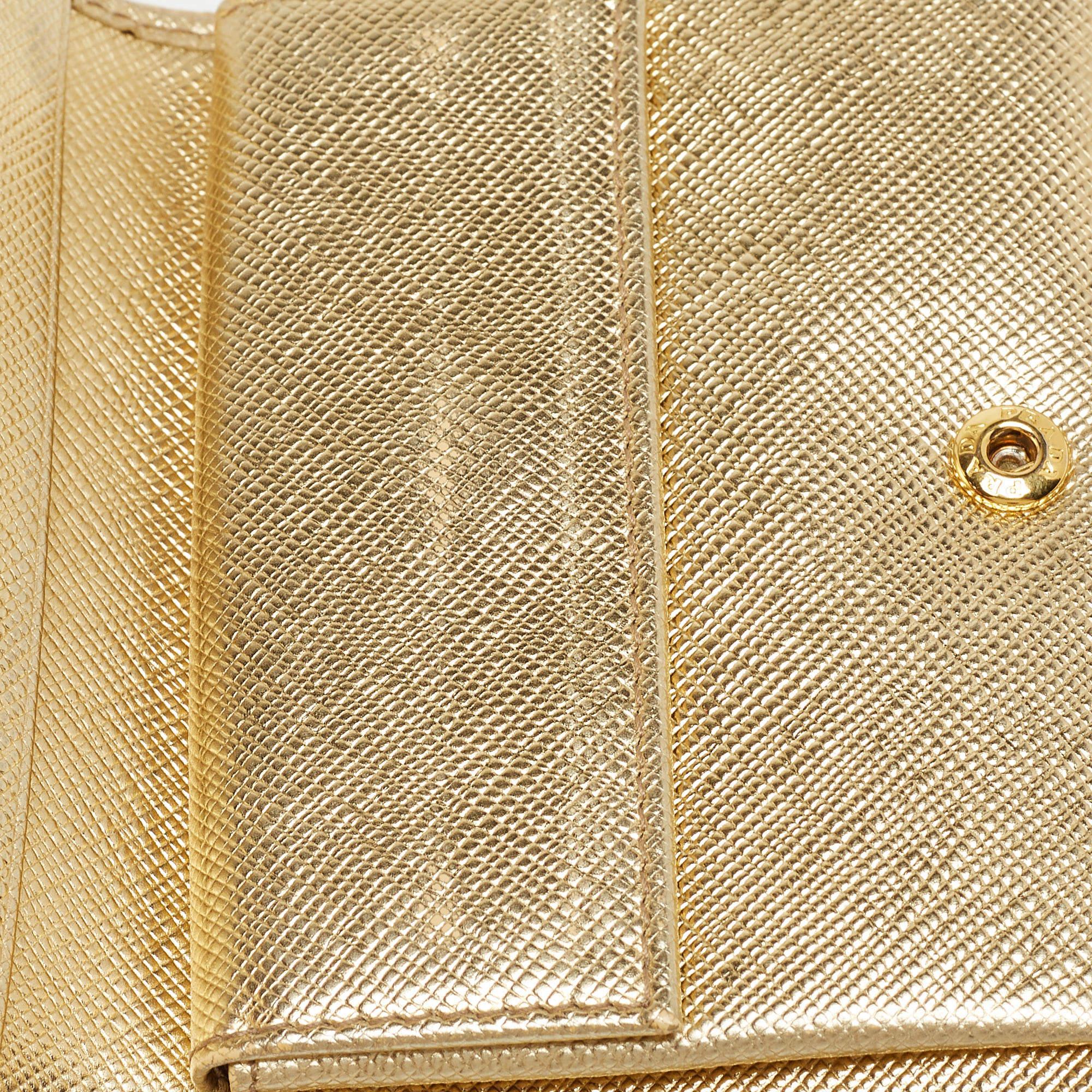 Prada Gold Saffiano Metal Leather Logo Bifold Wallet 2