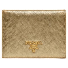 Prada Gold Saffiano Metal Leather Logo Bifold Wallet