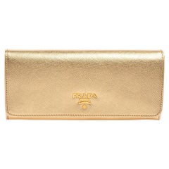 Prada Gold Saffiano Metal Leather Logo Flap Continental Wallet