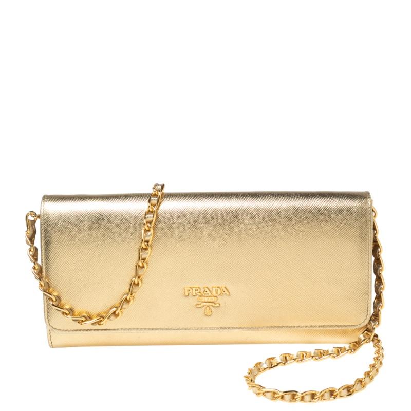 Prada Gold Saffiano Metal Leather Logo Flap Continental Wallet on Chain In Good Condition In Dubai, Al Qouz 2