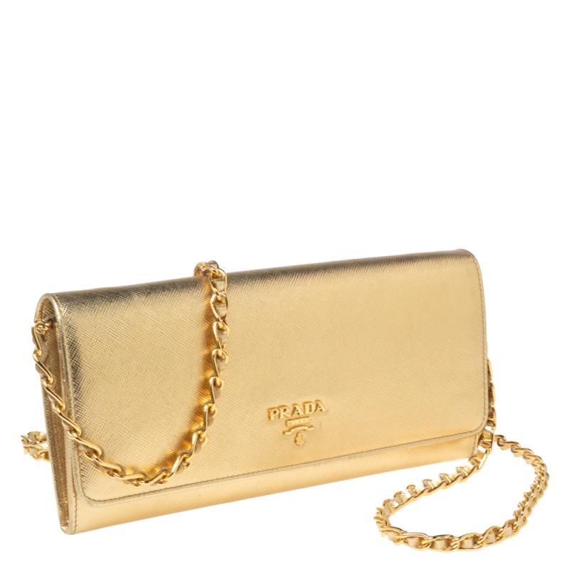 Women's Prada Gold Saffiano Metal Leather Logo Flap Continental Wallet on Chain