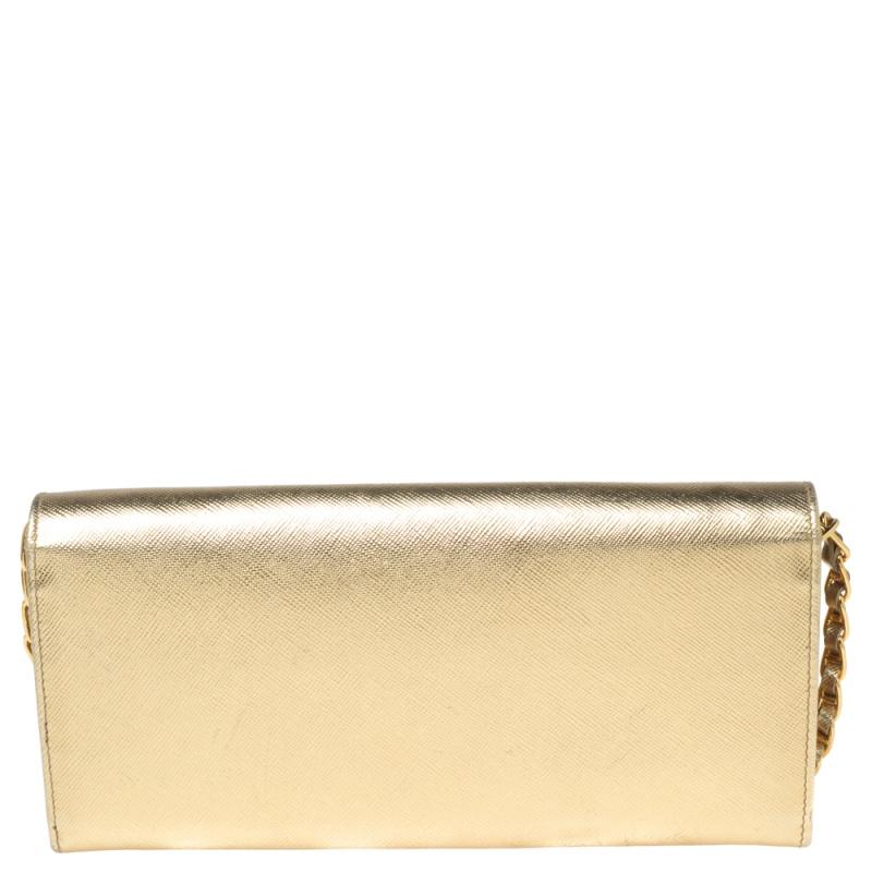 Prada Gold Saffiano Metal Leather Logo Flap Continental Wallet on Chain 2