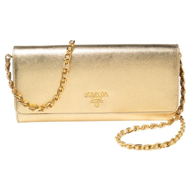 Prada Gold Saffiano Metal Leather Logo Flap Continental Wallet on Chain