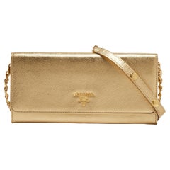 Prada Gold Saffiano Metal Leather Wallet on Chain