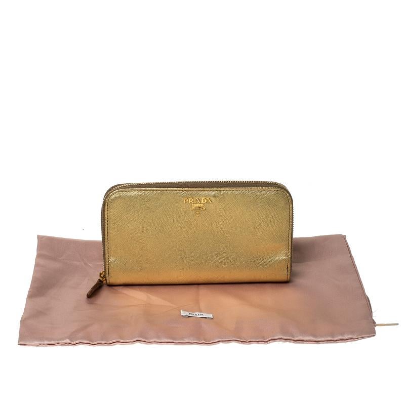 Prada Gold Saffiano Metal Leather Zip Around Wallet 3