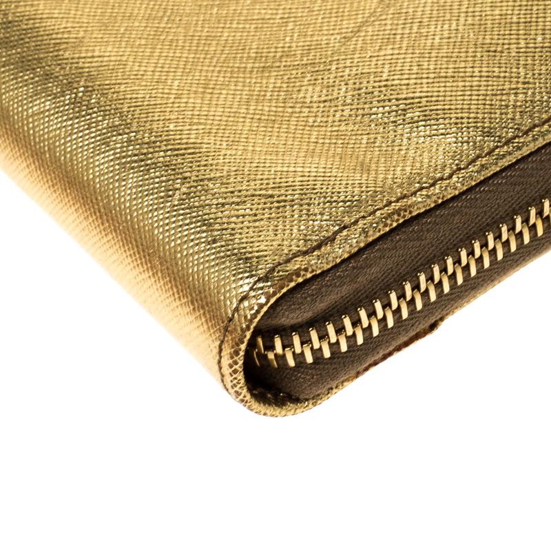 Women's Prada Gold Saffiano Metal Leather Zip Around Wallet