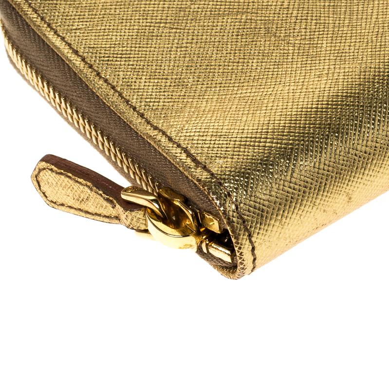 Prada Gold Saffiano Metal Leather Zip Around Wallet 1