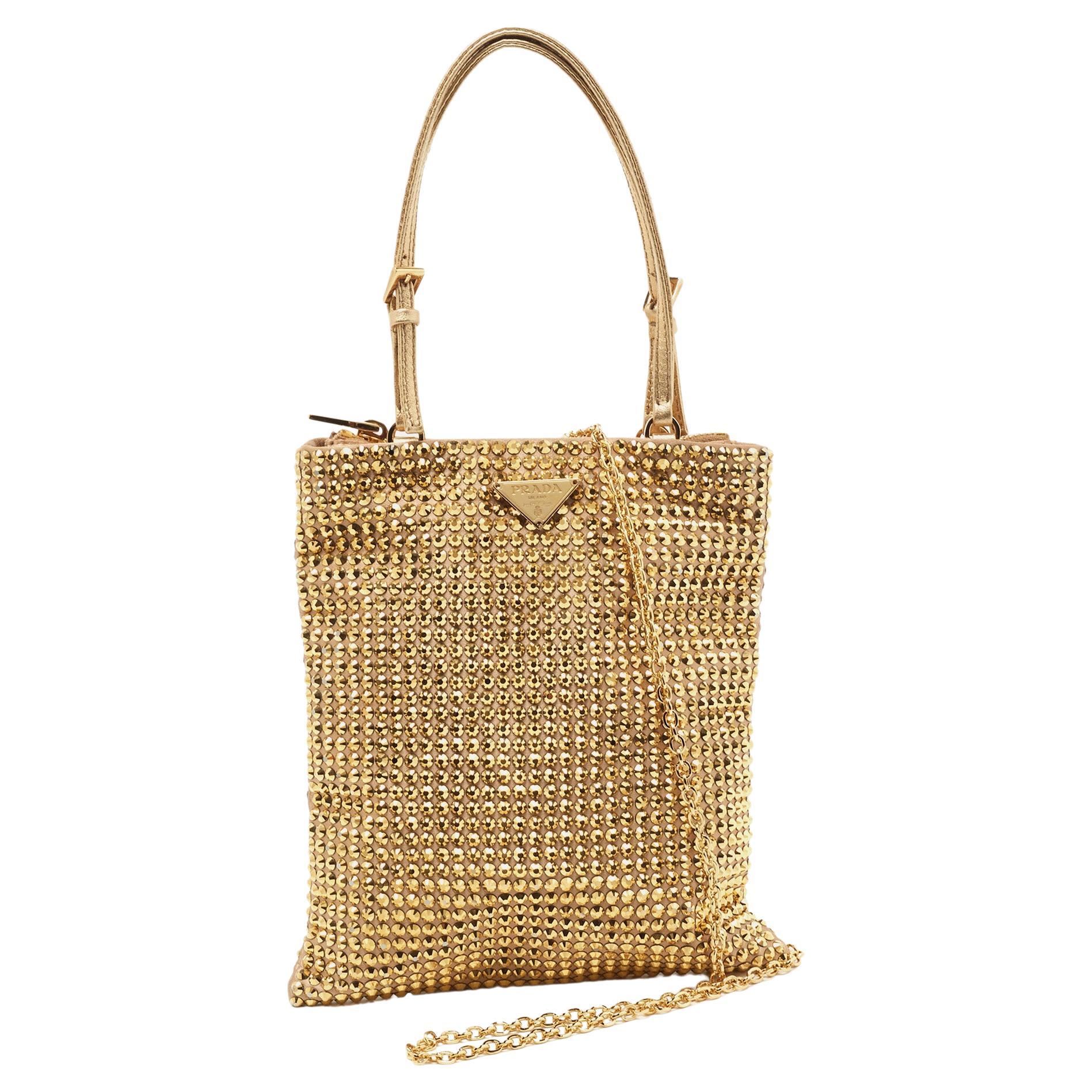 Prada Gold Satin Crystal Embellished Crossbody Bag