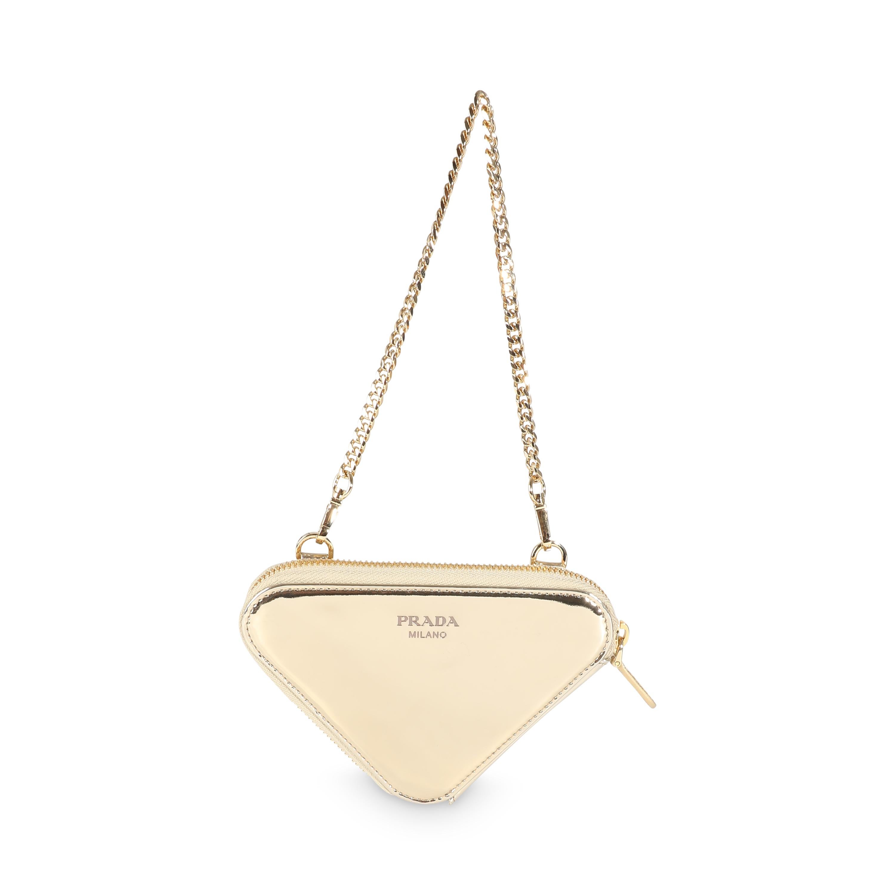 Prada Gold Satin Crystal Embellished Mini Triangular Pouch In Excellent Condition For Sale In New York, NY