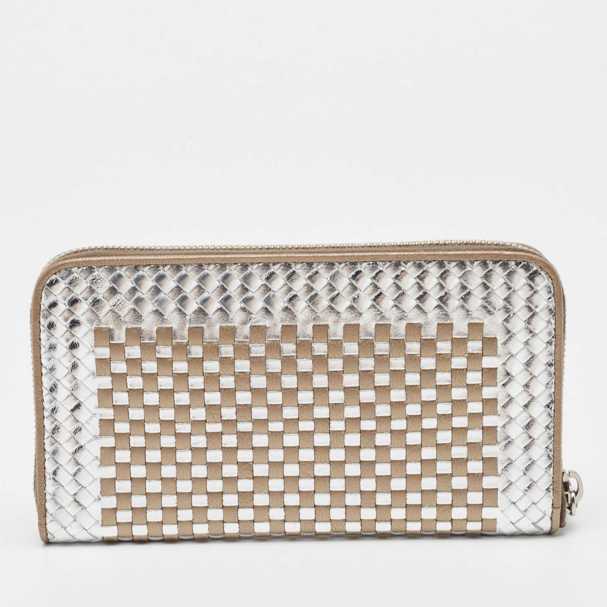 Prada Gold/Silver Woven Madras Leather Zip Around Wallet For Sale 3