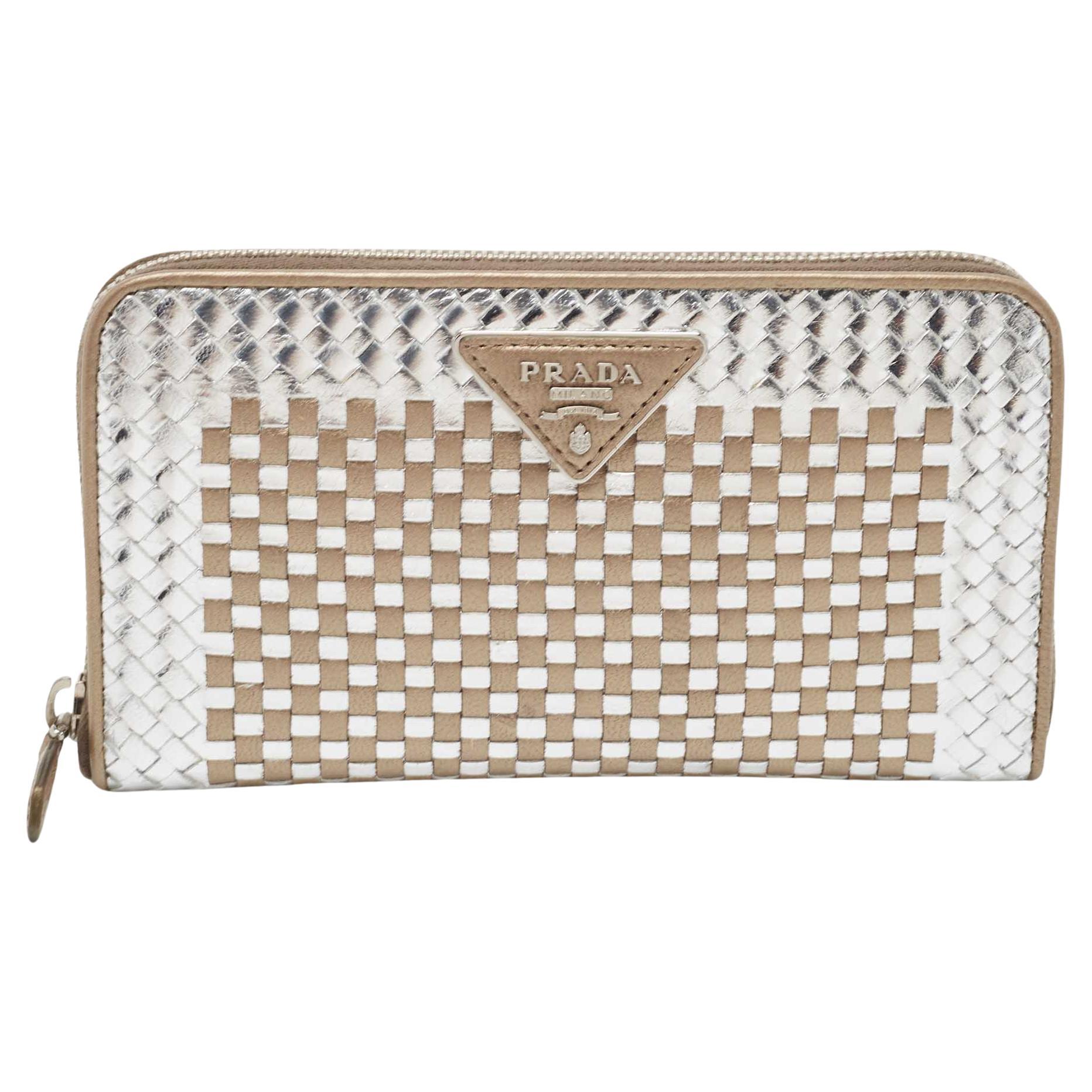 Prada Gold/Silver Woven Madras Leather Zip Around Wallet For Sale