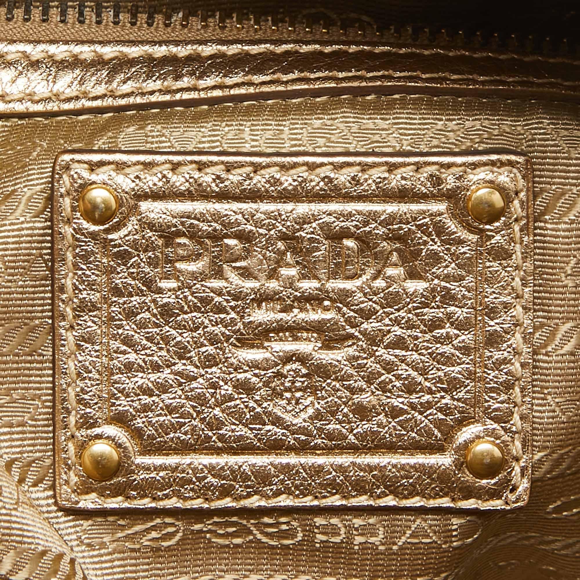 Prada Gold Vitello Daino Leather Large Bauletto Bag For Sale 6