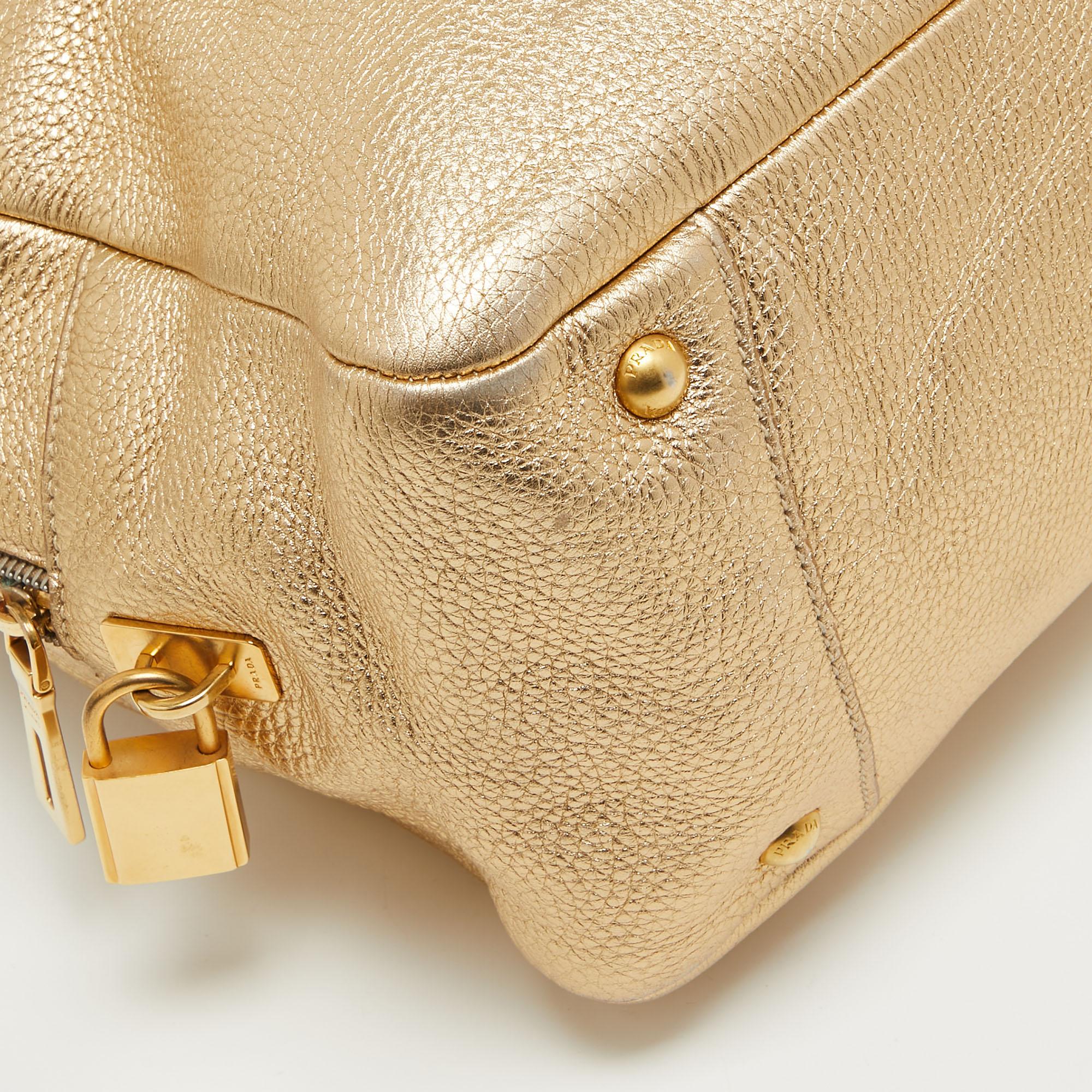 Prada Gold Vitello Daino Leather Large Bauletto Bag For Sale 11