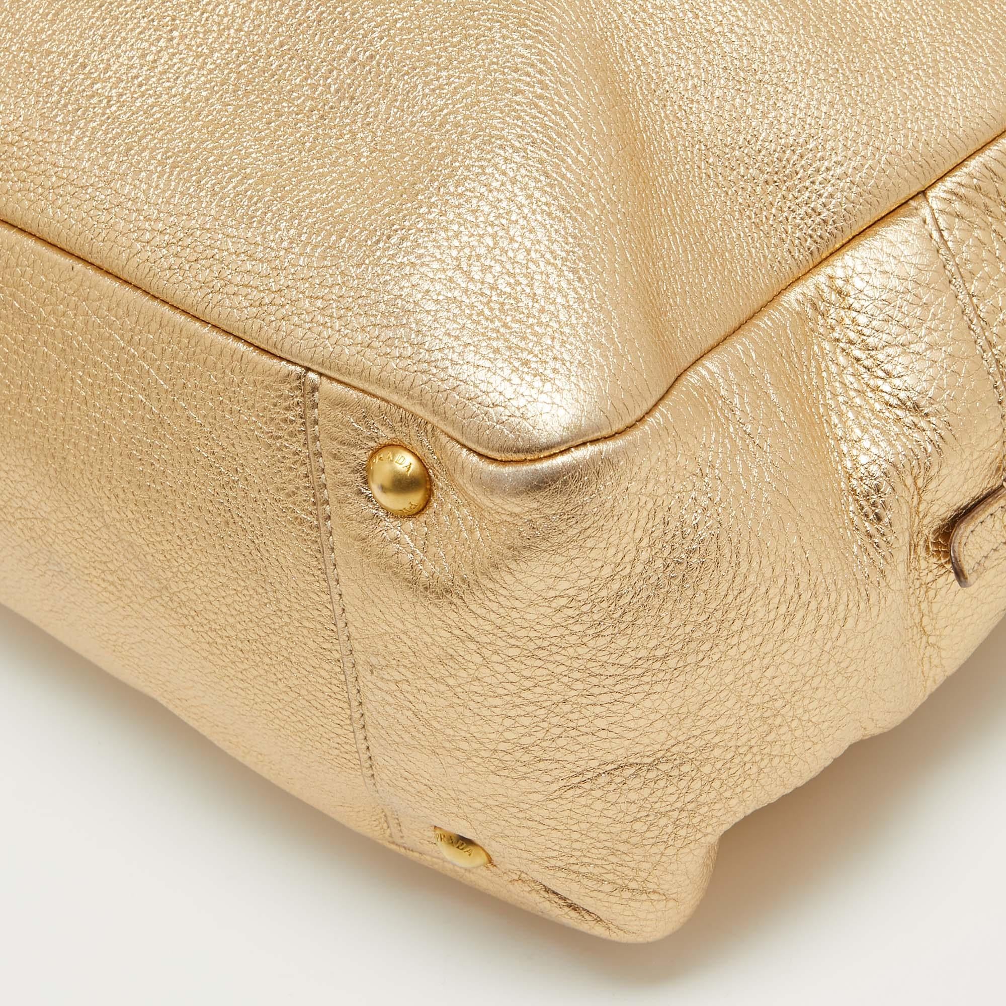 Prada Gold Vitello Daino Leather Large Bauletto Bag For Sale 12
