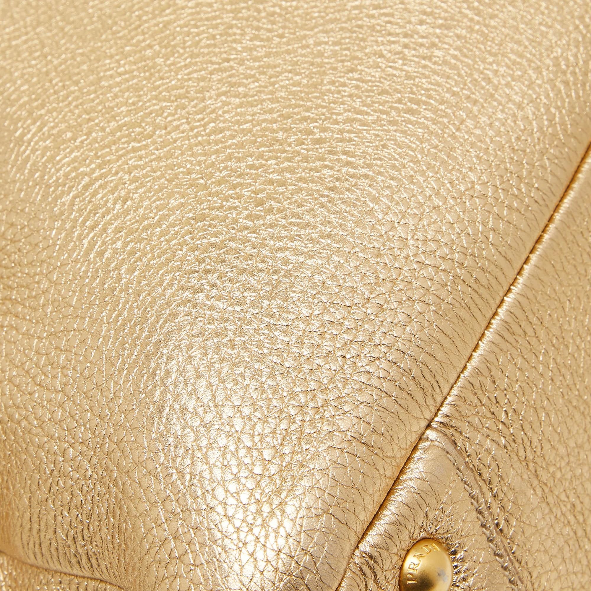 Prada Gold Vitello Daino Leather Large Bauletto Bag For Sale 15