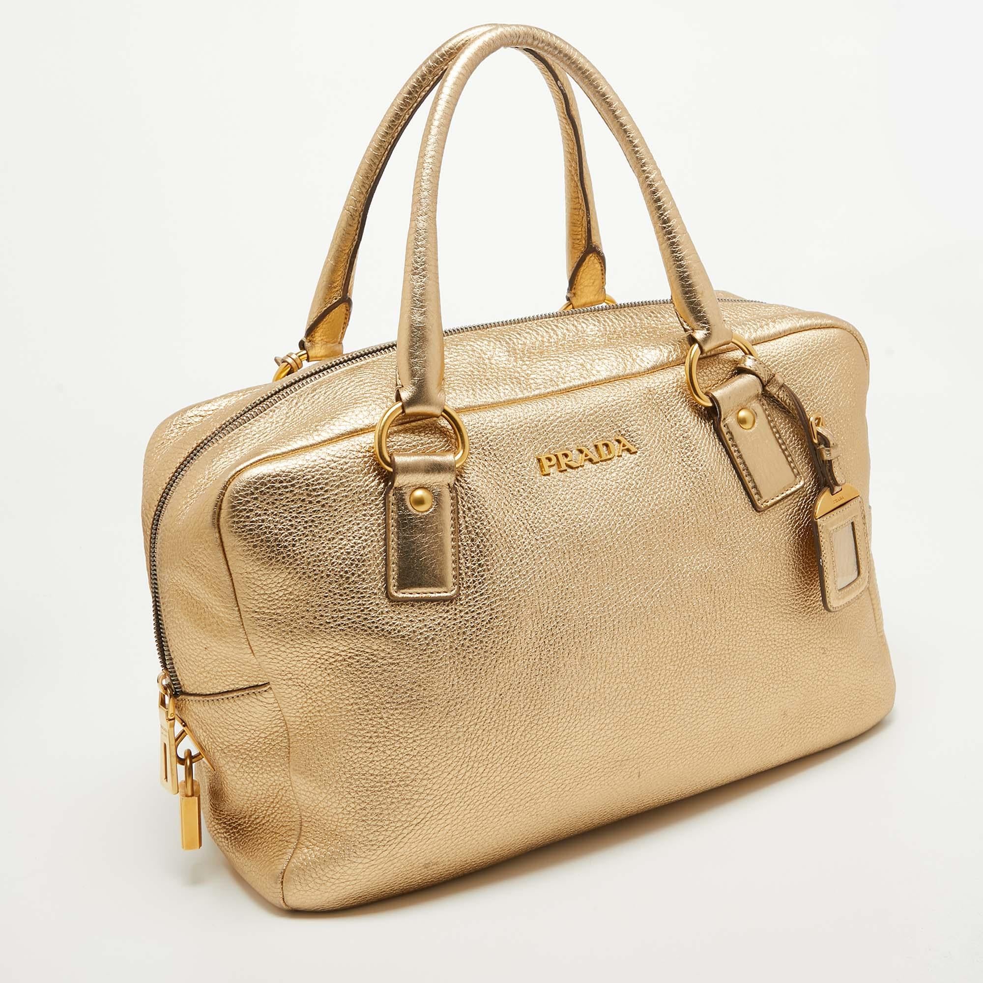 Women's Prada Gold Vitello Daino Leather Large Bauletto Bag For Sale