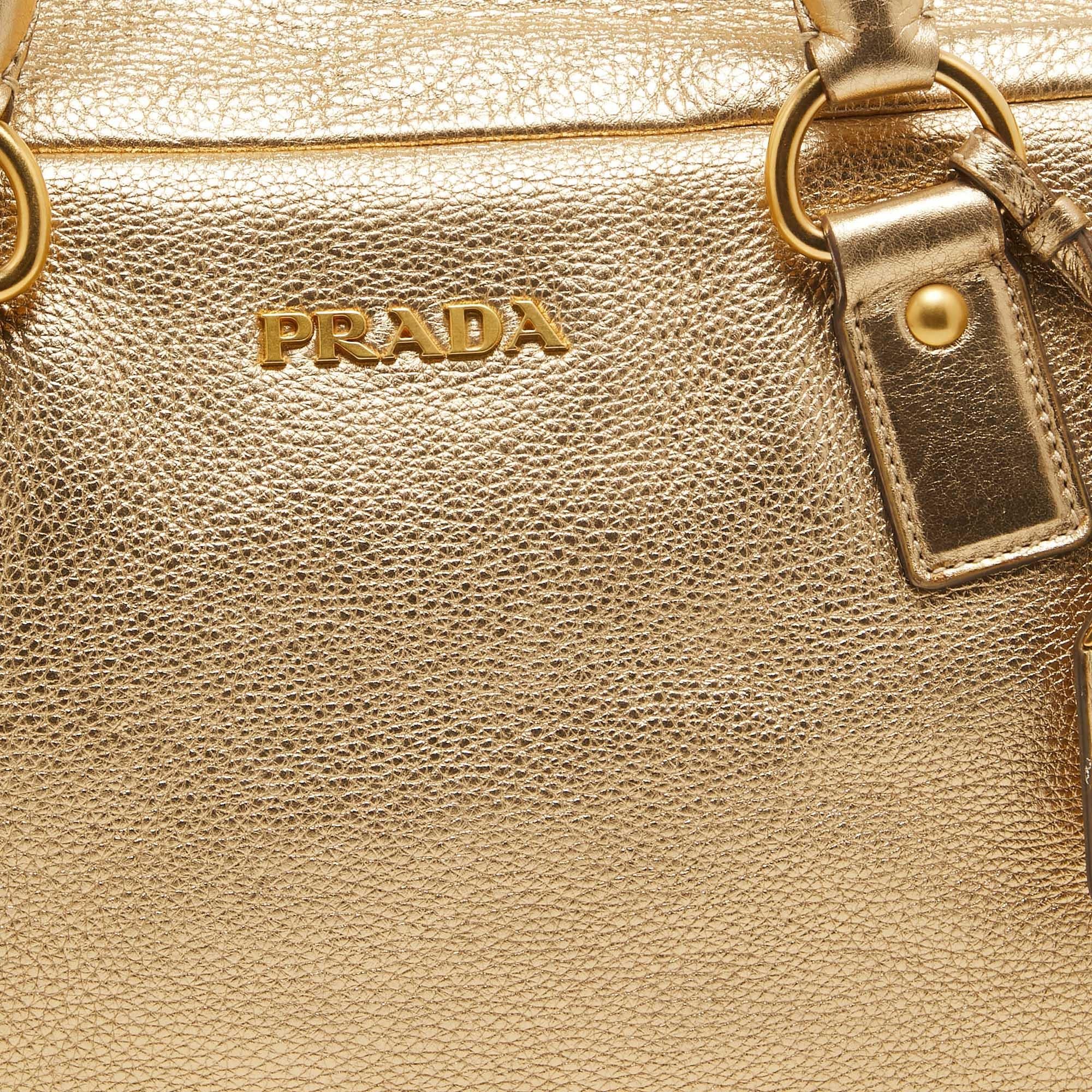 Prada Gold Vitello Daino Leather Large Bauletto Bag For Sale 4