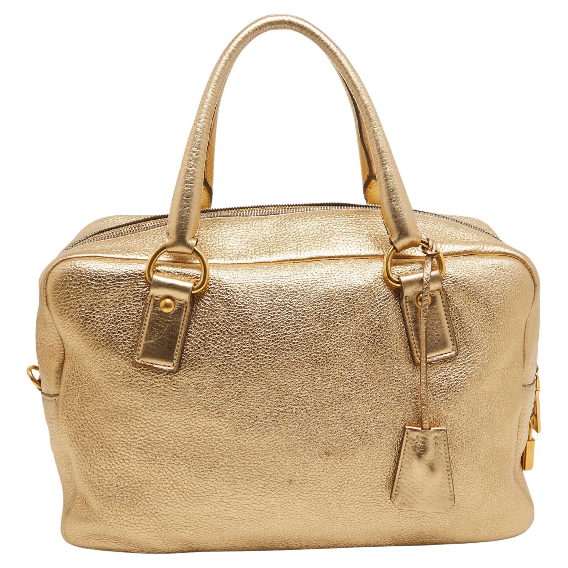Prada Gold Vitello Daino Leather Large Bauletto Bag For Sale