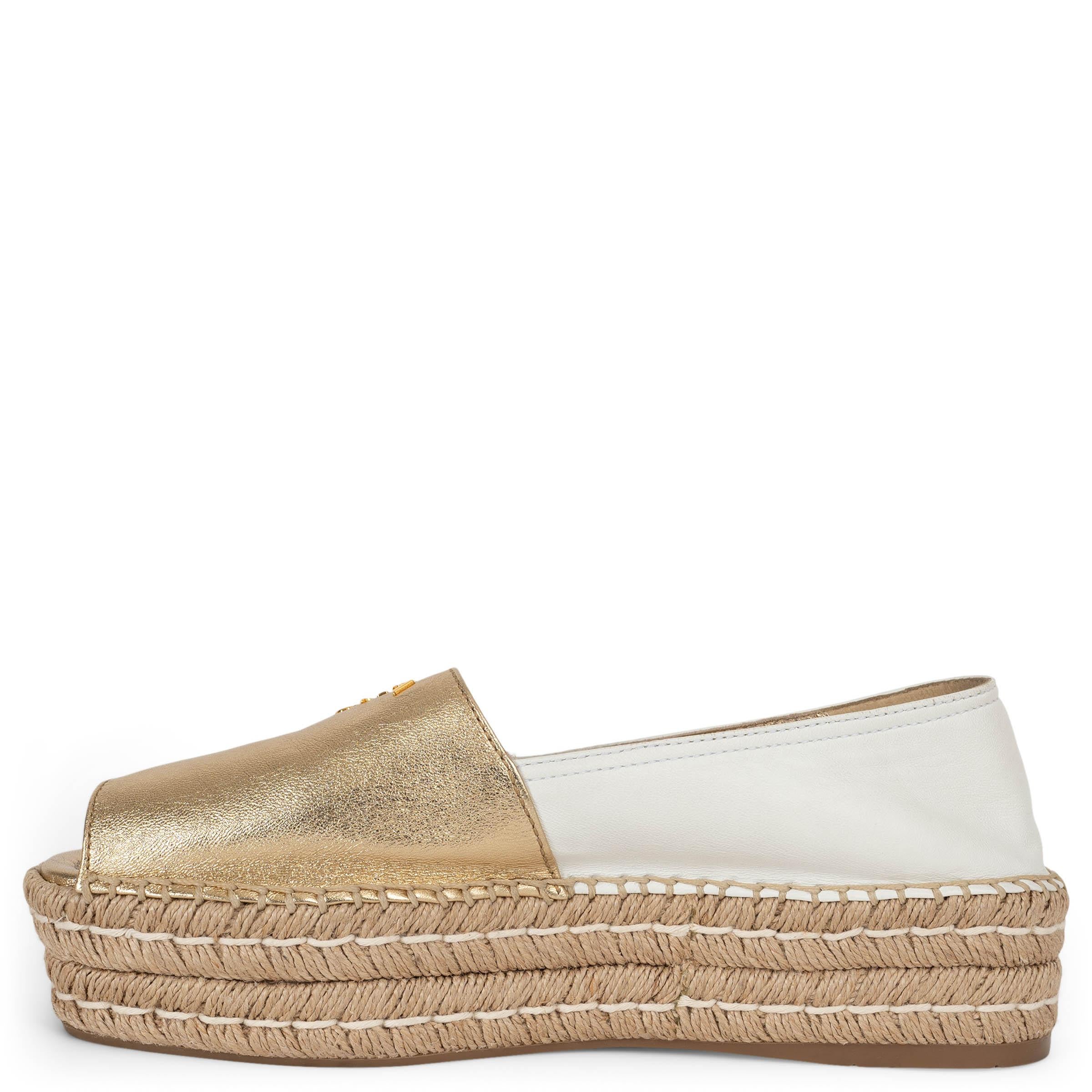 Beige PRADA gold & white leather 2019 PEEP TOE ESPADRILLES Flats Shoes 39.5 For Sale