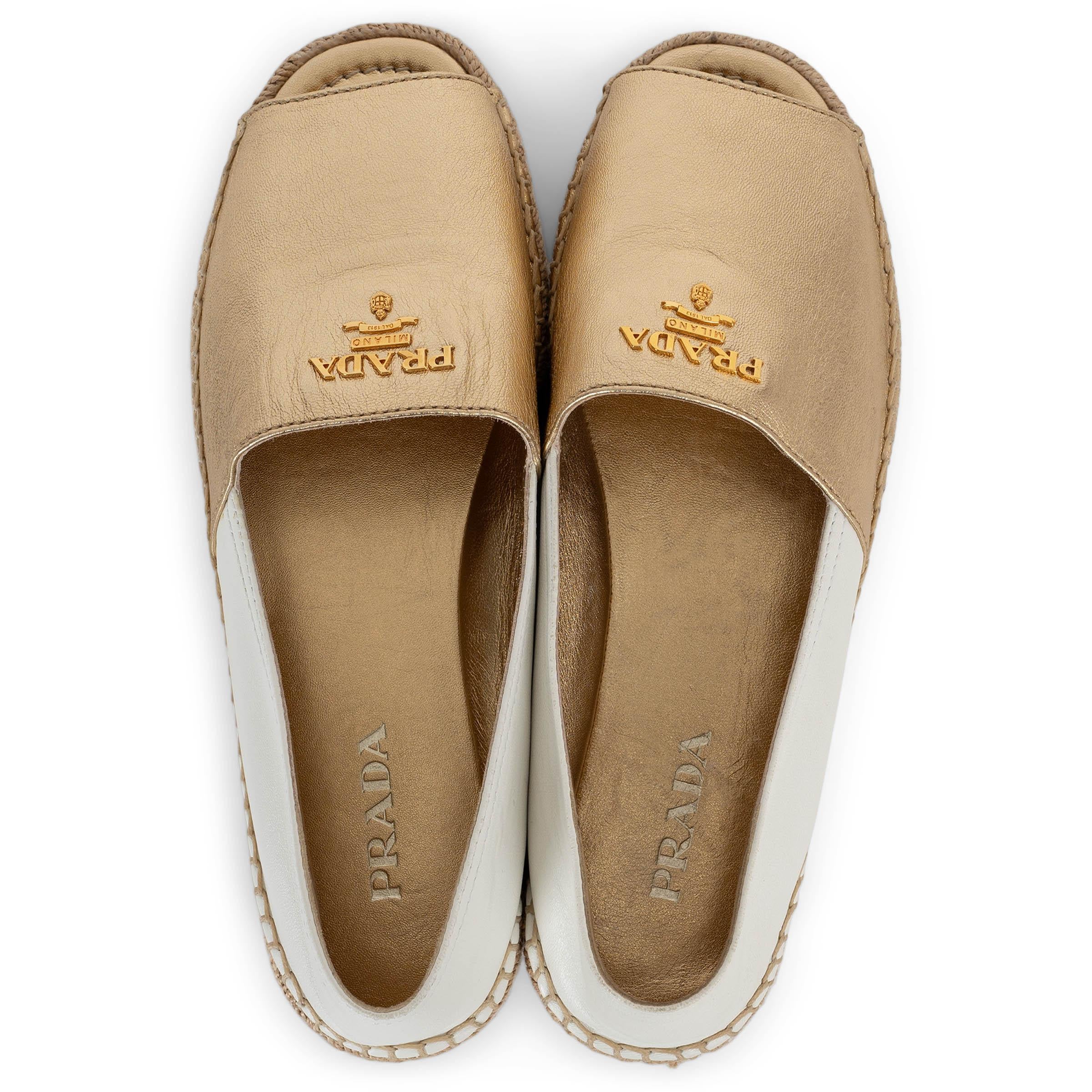 Women's PRADA gold & white leather 2019 PEEP TOE ESPADRILLES Flats Shoes 39.5 For Sale