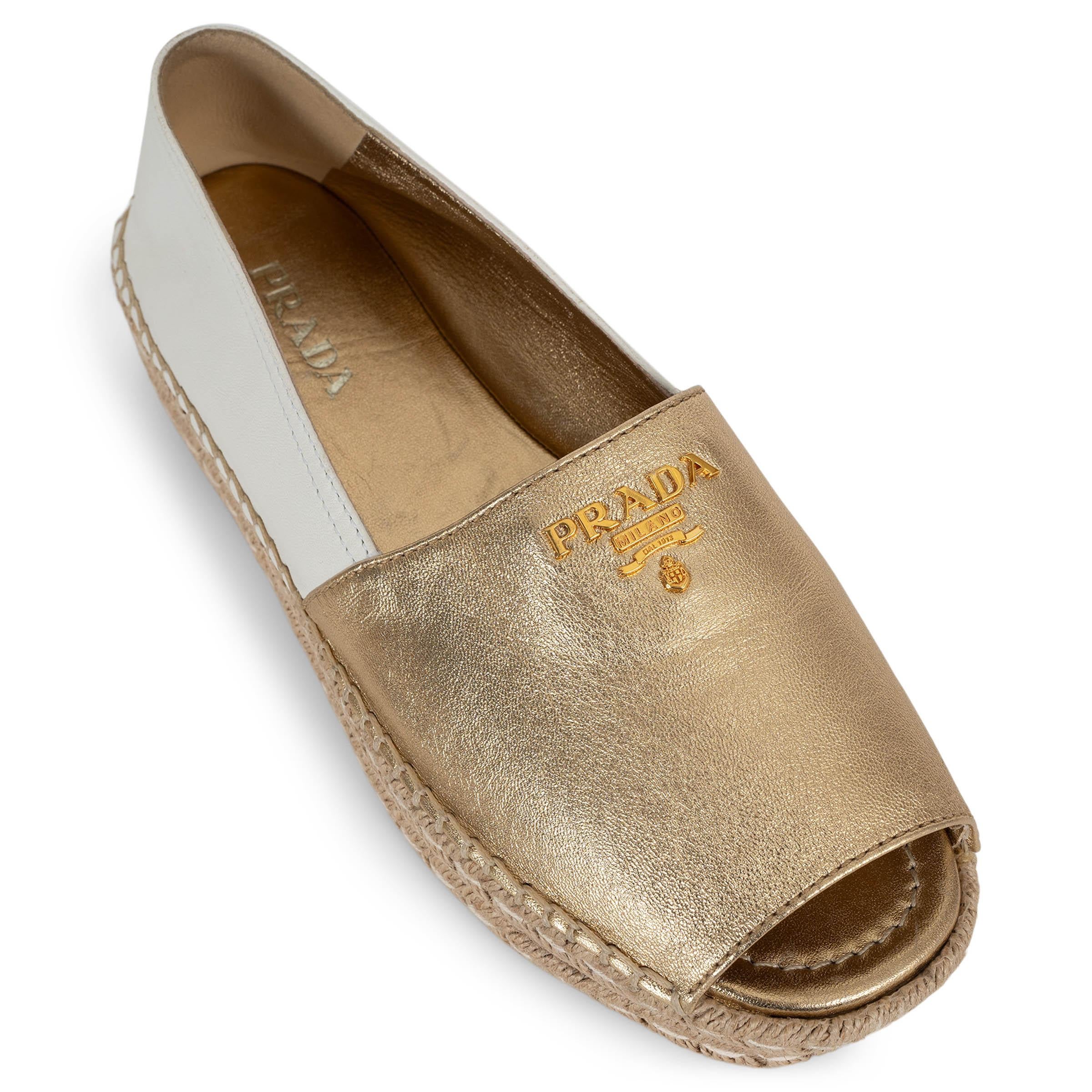 PRADA gold & white leather 2019 PEEP TOE ESPADRILLES Flats Shoes 39.5 For Sale 1