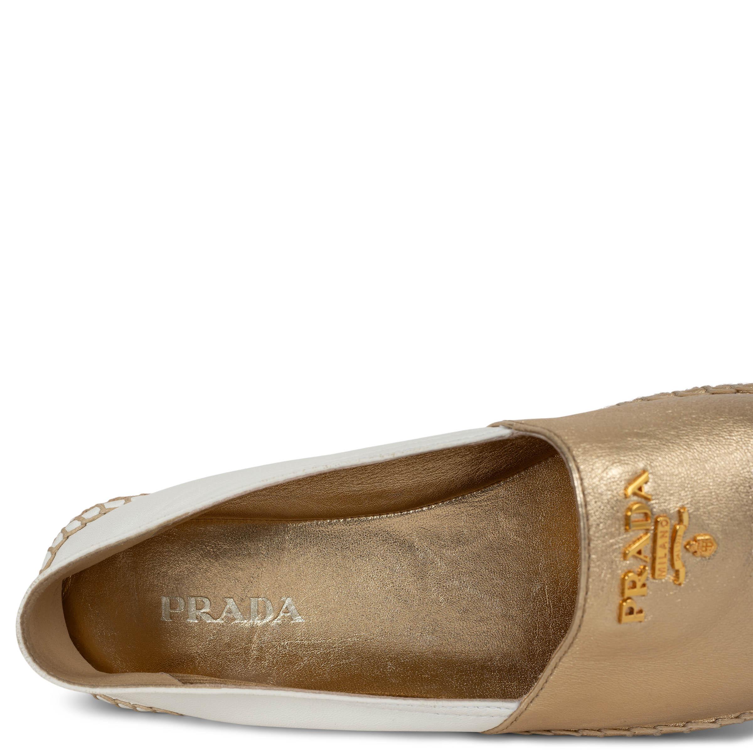 PRADA gold & white leather 2019 PEEP TOE ESPADRILLES Flats Shoes 39.5 For Sale 2