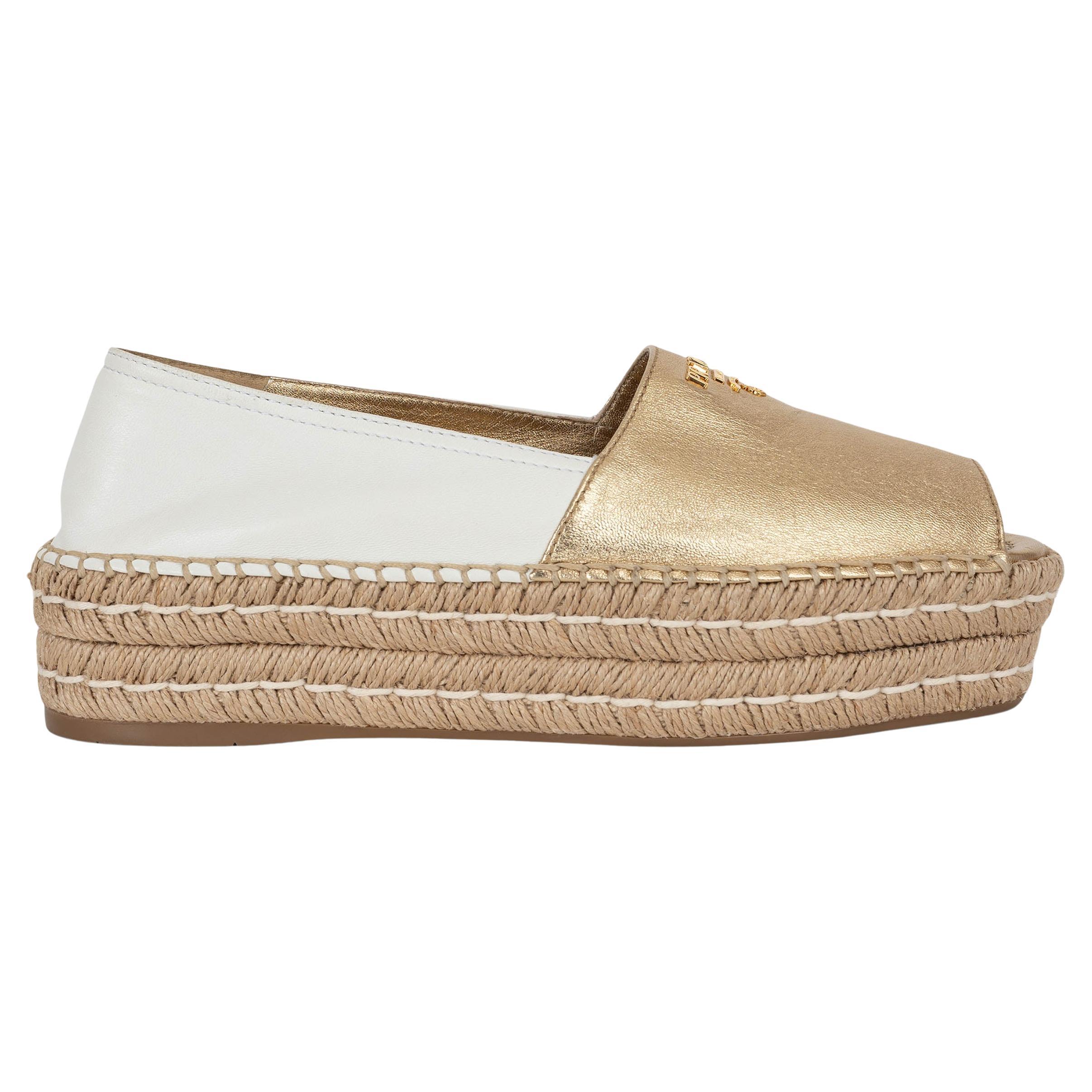 PRADA gold & white leather 2019 PEEP TOE ESPADRILLES Flats Shoes 39.5