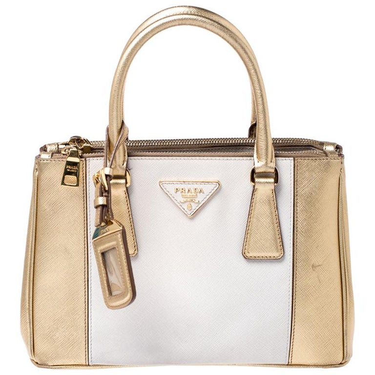 Prada Gold/White Saffiano Lux Leather Small Double Zip Tote For Sale