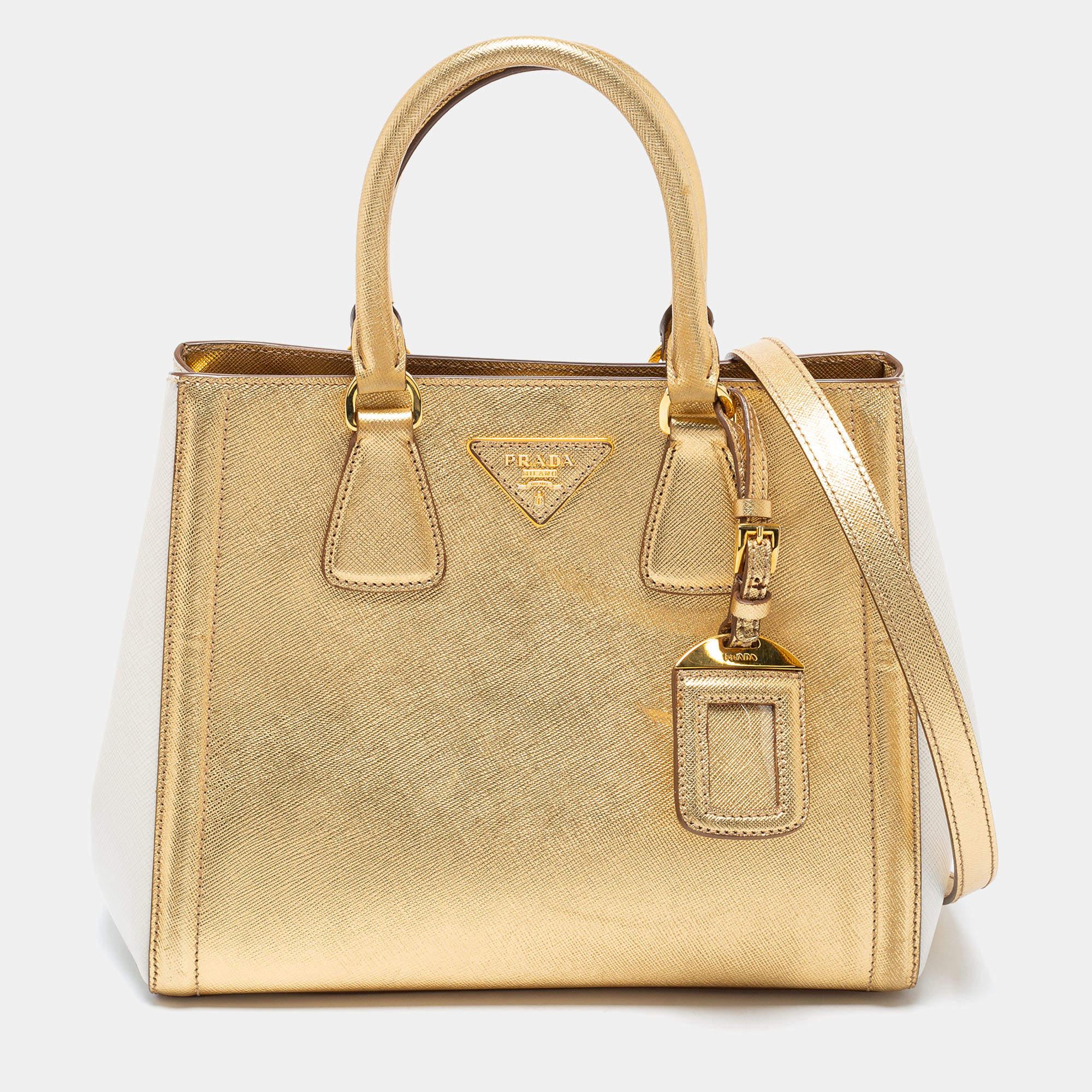 Prada Gold/White Saffiano Lux Leather Small Tote 3